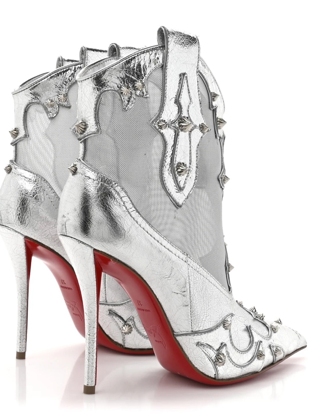 Christian Louboutin Silver Mesh & Stud Ankle Boot with Red Heel - Picture 2 of 11